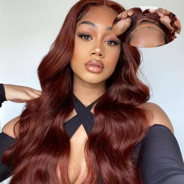 Reddish Brown Body Wave Glueless Human Hair Wig with Pre Plucked Hairline & Bleached Knots