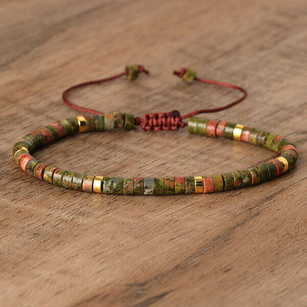 Natural Unakite Beaded Braided Bracelets