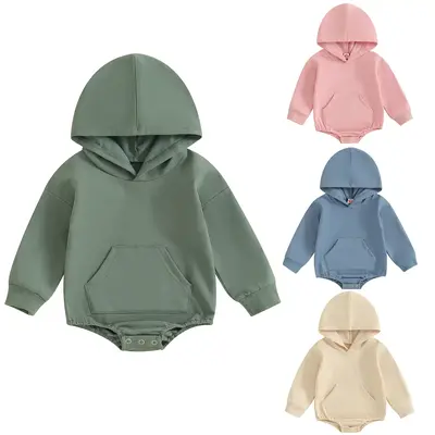 Infant Baby Boy Girl Hooded Sweatshirt Romper Newborn Long Sleeve Front Pocket Solid Color Onesie Bodysuit Fall Winter Clothe...