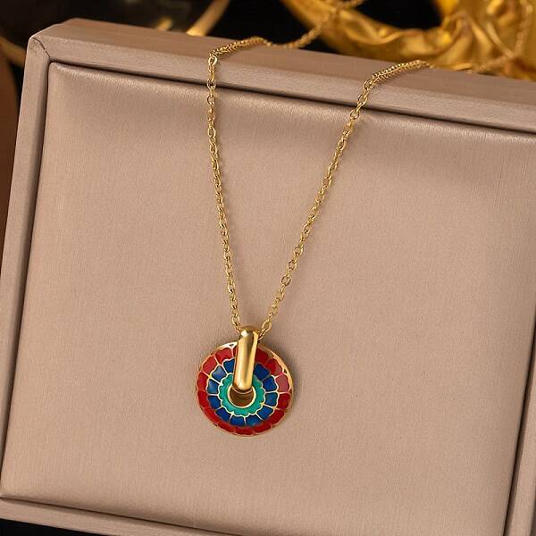 304 Stainless Steel Enamel Flat Round Necklaces for Women