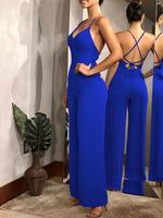 Women's Lace Up Tie Back Cami Jumpsuit, Sexy Elegant Deep V Neck Slim Jumpsuit for Daily Wear, Ladies Comfort Basic Clothe...