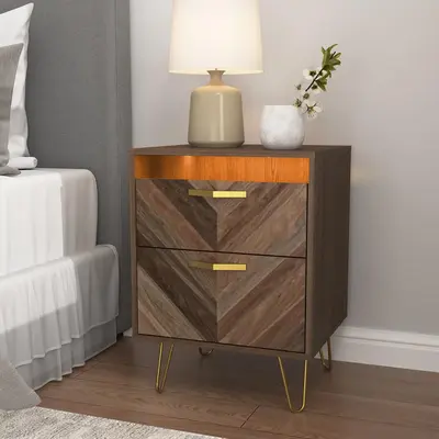 Spaco 2pcs Night Stand with LED Lights, Mid Century Modern Nightstand with 2 Drawers, Smart Bedside Table for Bedroom, Wood E...