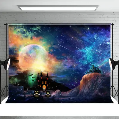 Halloween Misty Night Castle Bat Moon Pumpkin Backdrop - Aperturee