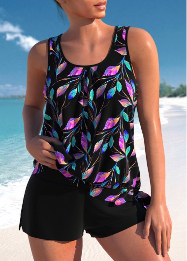 Modlily Plus Size High Waisted Asymmetry Black Tankini Set - 1X