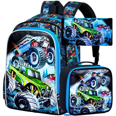 3PCS Cars Backpack for Boys, 16 Inch Kids Water Resistant Preschool Bookbags, Cool Elementary Kindergarten School Backpacks a...