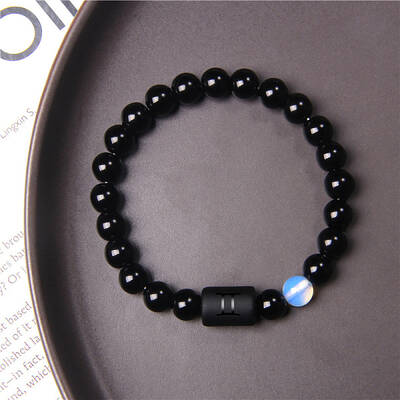 12 Constellations Protetion Aquamarine & Black Obsidian Round Beads Stretch Bracelets for Men Women