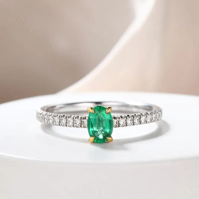 Cathedral Oval Solitaire Natural Emerald Wedding Ring Diamond Pave Band 18k