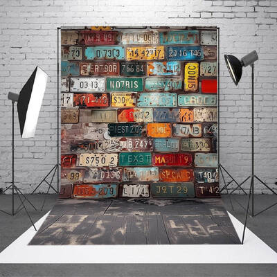 Colorful License Plate Brick Wall Photo Backdrop - Aperturee
