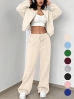 Two-piece Set Women's Solid Zip Up Drop Shoulder Jacket & Pocket Elastic Waist Pants, Casual Fashion Cozy Breathable Two Piec...