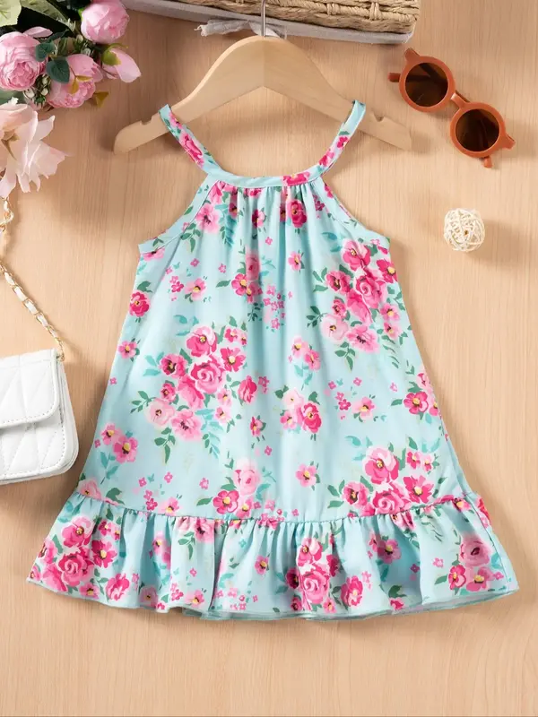 Baby Girl's Floral Print Ruffle Trim Dress, Cute Casual Sleeveless A Line Dress for Summer, Infant Toddler Kids Clothes for D...