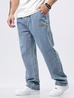 Men's Regular Fit Patched Drawstring Waist Jeans, Casual Comfy Pocket Denim Pants for Daily Wear, Woven Bottoms for All Seaso...