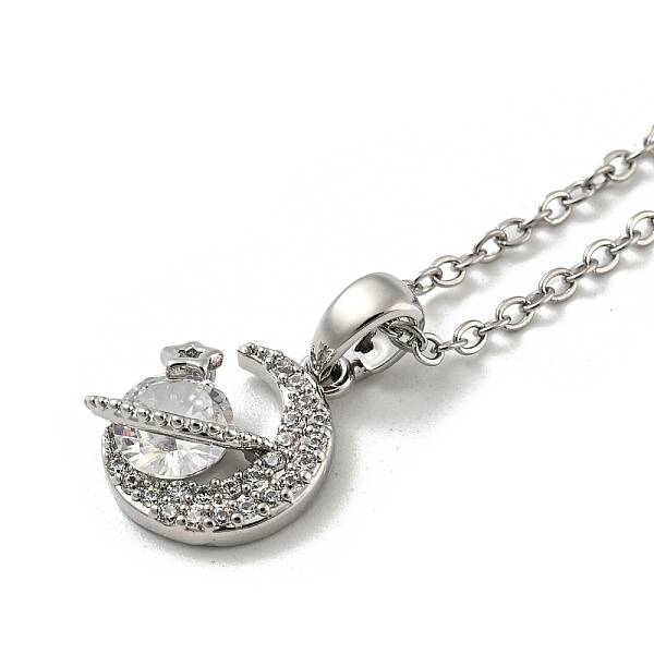 Brass Micro Pave Cubic Zirconia Moon Pendant Necklaces