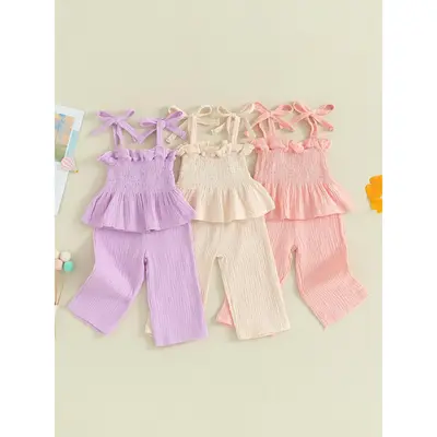 Toddler Baby Girls 2 Piece Outfits 6 9 12 18 24 Months 2T 3T 4T 5T Solid Color Sleeveless Camisole and Elastic Pants Set Kids...