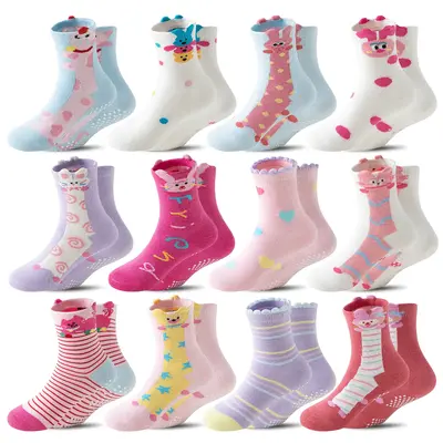 12 Pairs Baby Girls Toddlers Grips Socks Kids Anti Slip Non Skid Animal Funny Cartoon Crew Breathable Cotton Socks