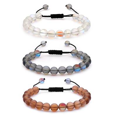 3Pcs Round Synthetic Moonstone Braided Bead Bracelets