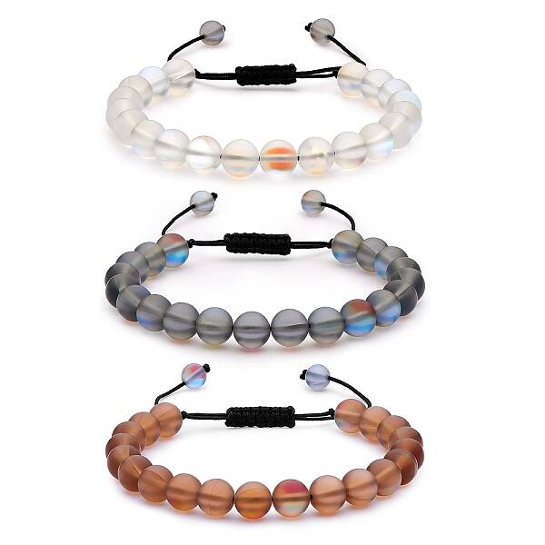 3Pcs Round Synthetic Moonstone Braided Bead Bracelets