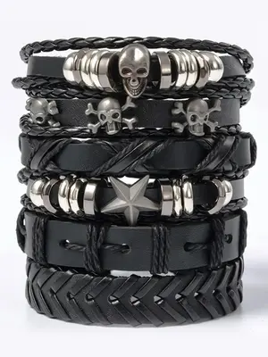 Unisex Street Trend Braided Bracelet Bundles, 6pcs/set Trendy Vintage Drawstring Matching Bracelets, Chic Goth Jewelry As Gif...