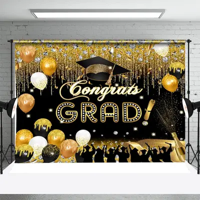 Grad Diamond Balloons Black Gold Graduation Backdrop - Aperturee