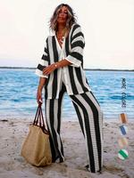 Women's Colorblock Striped Print Hollow Out Sweater Co-ord Set, Casual Baggy Button Front Shirt & Wide Leg Pants Set, Women's...