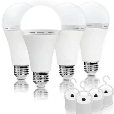 4 Pack Rechargeable Emergency Light Bulbs A19, Camping Lamp Battery Powered LED Light Bulb 6000K Daylight E26 E27 120 Volt 12...