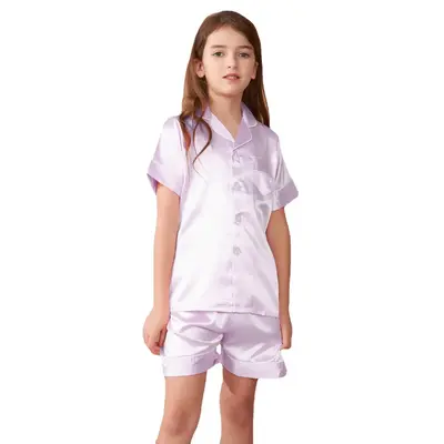 Premium Satin Pajama Set for Kids Baby Boys Girls Button-Up Short Sleeve Top & Shorts Loungewear Nightwear Gifts for Kids Cas...