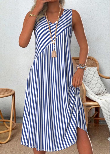 Modlily Blue Patchwork Striped A Line Sleeveless V Neck Dress - XXL