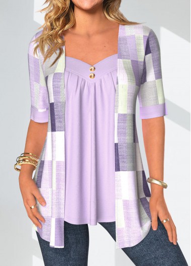 Modlily Light Purple Patchwork Geometric Print Fake Two Piece Twinset - M