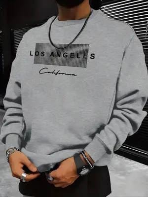 Men's Letter Print Round Neck Sweatshirt, Regular Fit Casual Long Sleeve Crew Neck Pullover for Fall & Winter, Men's Clothes ...