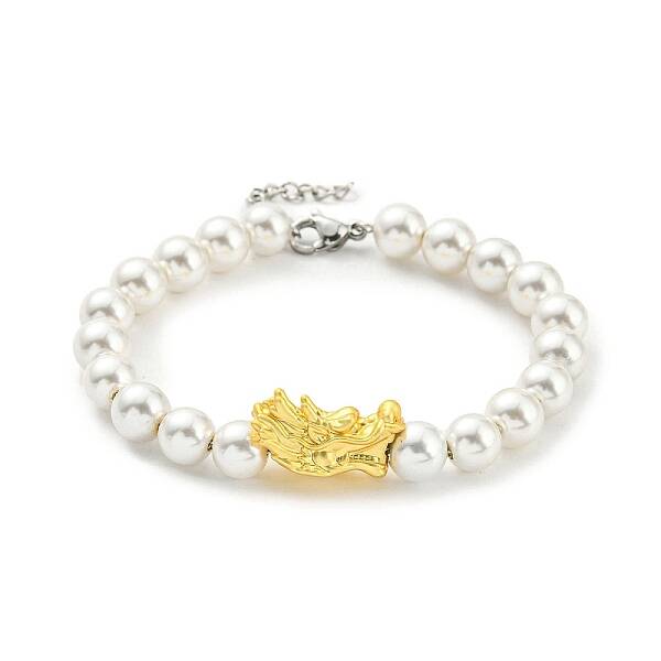 Rack Plating Brass Dragon & Plastic Pearl Beaded Bracelet