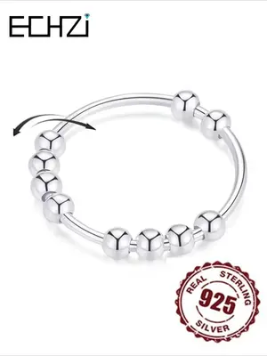 925 Sterling Silver Fidget Ring for Women & Men, Anxiety Ring with Beads, Spinner Ring for Anxiety, Fashion Jewelry Accessori...