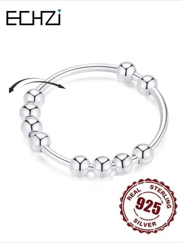 925 Sterling Silver Fidget Ring for Women & Men, Anxiety Ring with Beads, Spinner Ring for Anxiety, Fashion Jewelry Accessori...