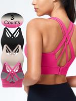 Women's Solid Criss Cross Back Sports Bra, Breathable Comfortable Adjustable Hook & Eye Closure Bra, Soft Non-removable Mould...