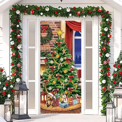 Green Xmas Tree Bowknot Gift Christmas Door Cover - Aperturee