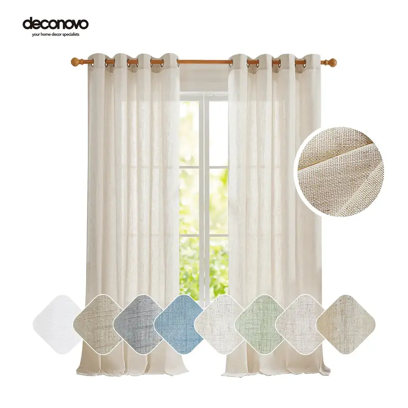 Deconovo Linen Curtains, 2 Panels, Light Filtering Farmhouse Curtains - Boho Grommet Solid Textured Semi Sheer Drapes for Liv...