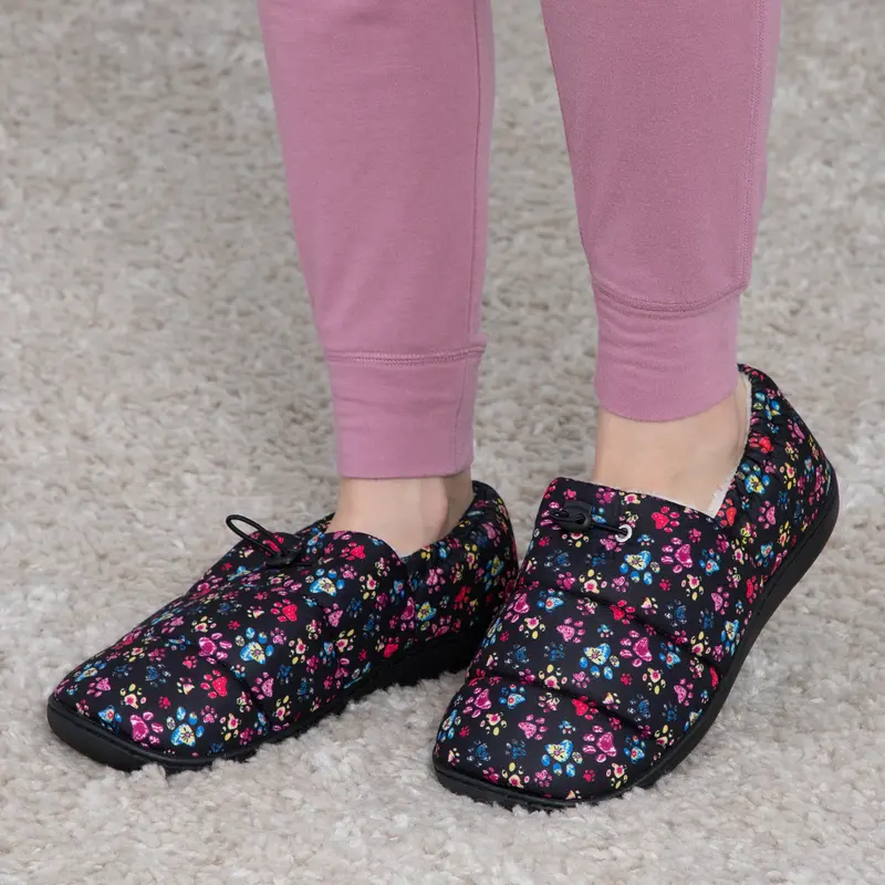 Paw Print Puffy Fleece-Lined Slippers with Toggle - Polka Dot Paws - L
