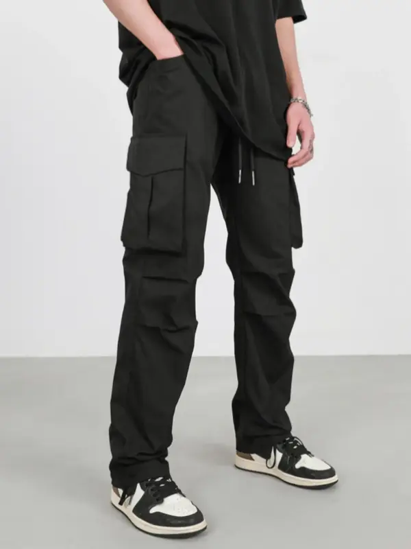 Men's Plain Drawstring Waist Flap Pocket Cargo Pants, Street Fashion Casual Jogger Pants for Daily Outdoor Wear, Men's Trouse...