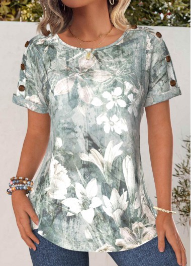 Modlily Sage Green Button Floral Print Short Sleeve T Shirt - XXL