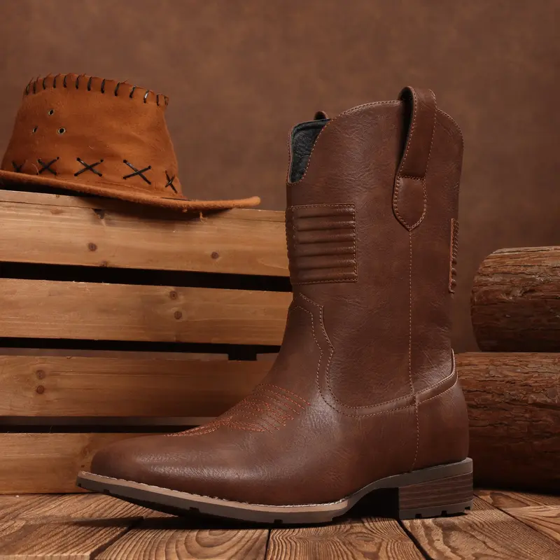 【PlusSize】Eleet Cowboy Boots For Men - Mens Square Toe Western Botas With Flag, Para Hombre Vaqueras Suitable For Daily C...