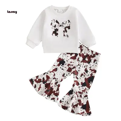 Baby Girl 2Pcs Western Outfits Long Sleeve Bow Print Sweatshirt + Flare Pants Set Toddler Clothes