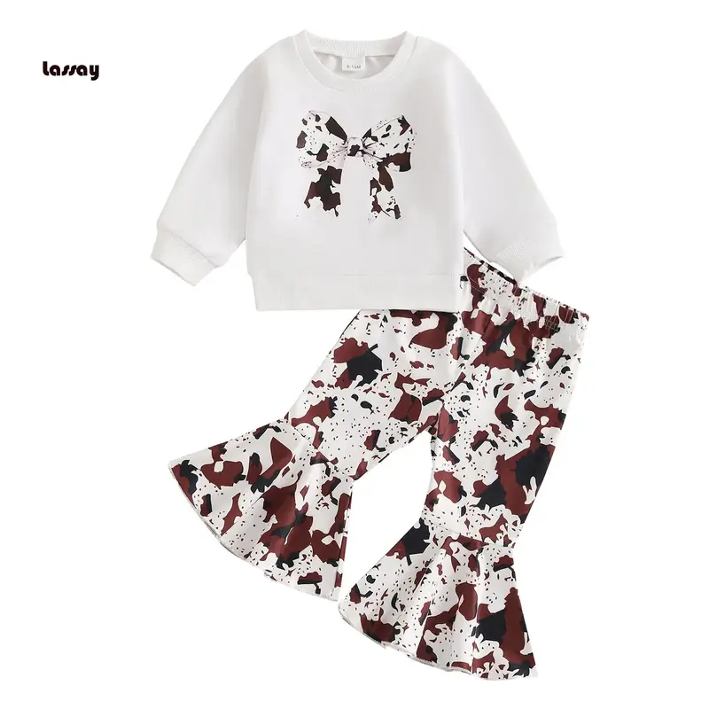 Baby Girl 2Pcs Western Outfits Long Sleeve Bow Print Sweatshirt + Flare Pants Set Toddler Clothes