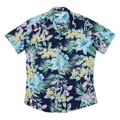 SMOG Mens Hawaiian Shirt Blue Floral L