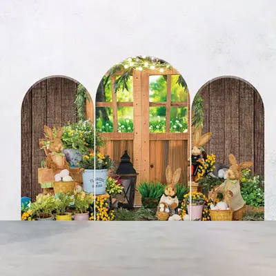 Wood Brown Door Egg Bunny Easter Arch Backdrop Kit - Aperturee