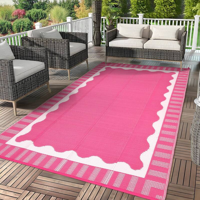 Garvee Reversible Outdoor Patio Rug 9x18ft – Waterproof & UV Resistant – Modern Wave-Edge Design, Easy to Clean – Ideal...