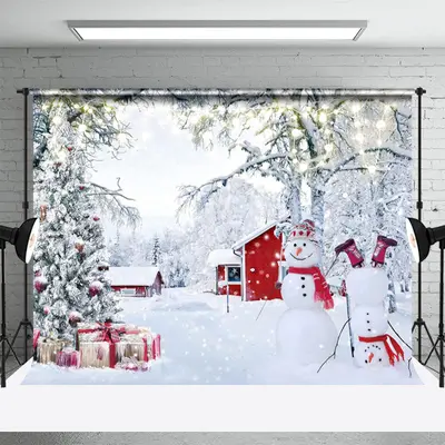 Snowy Snowman Pine Tree Village Winter Backdrop - Aperturee
