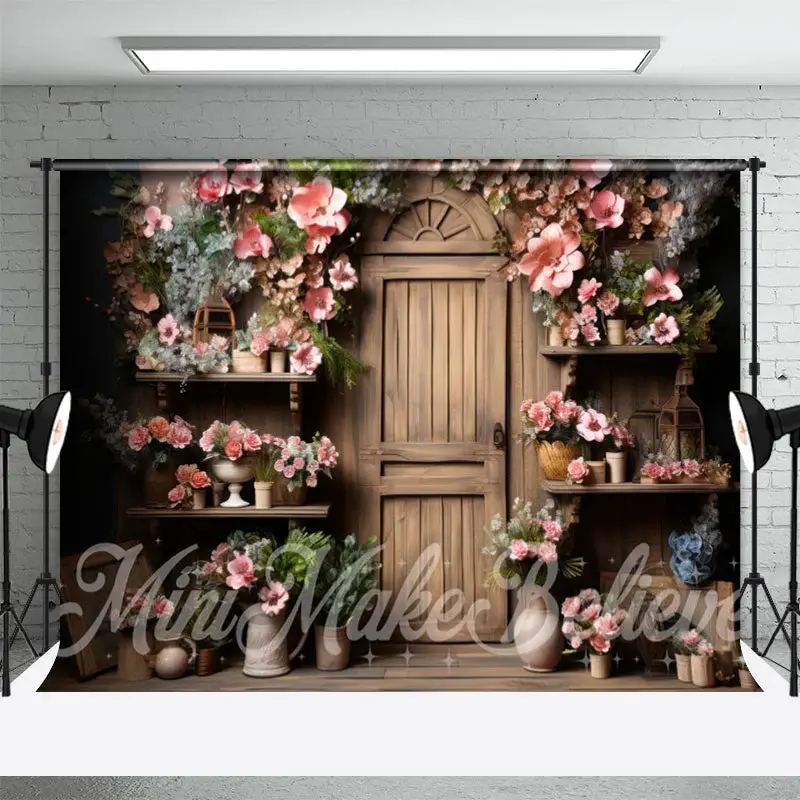 Wooden Vintage Door Shelf Clay Pot Flower Backdrop - Aperturee