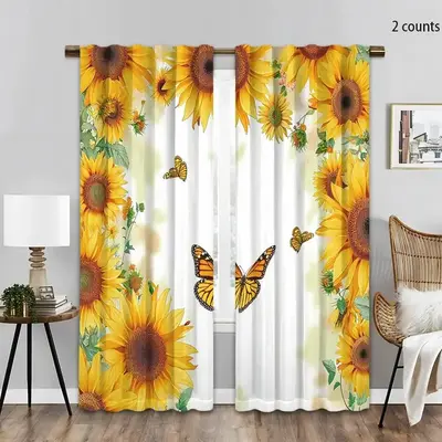 Butterfly Sunflower Print Curtain, 2 Counts Modern Simple Window Curtain, Home Decor Supplies for Living Room Bedroom