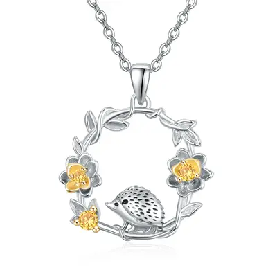 Sterling Silver Hedgehog with Flower Pendant Necklace