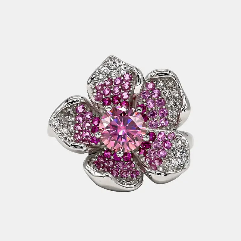 【732】Springtime Symphony Flower Gradient Cluster 1 Carat Pink Synthetic Moissanite Ring – Elegant Vintage Floral En...