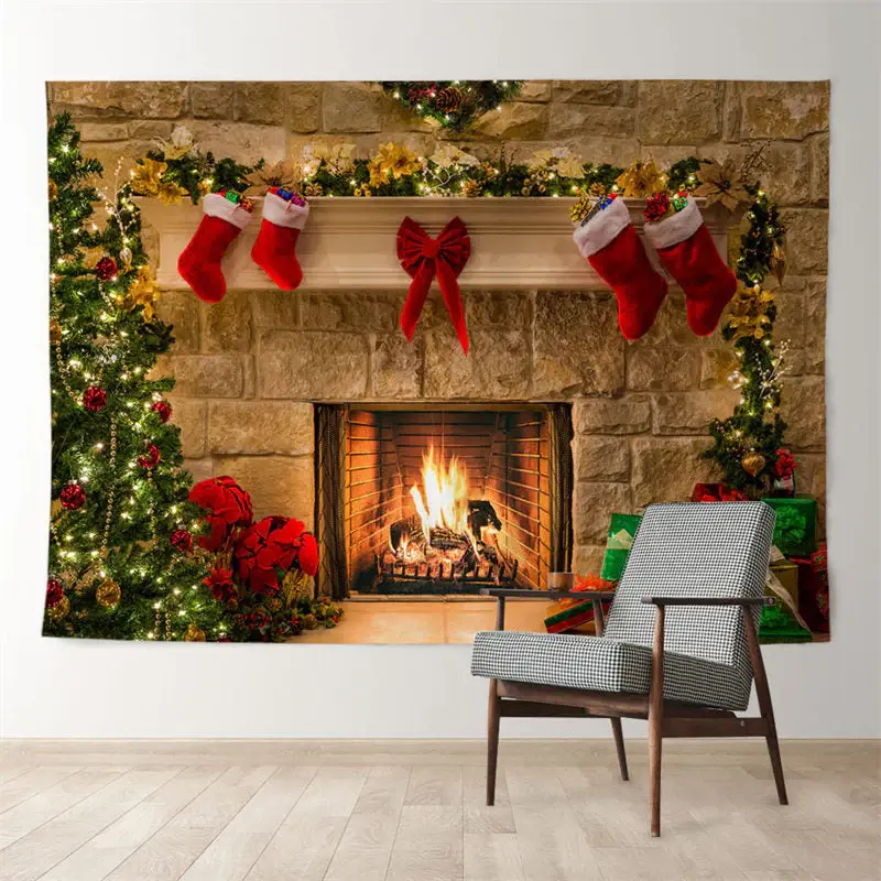 Aperturee White Red Stocking Fireplace Christmas Backdrop