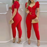 ChicMe Women's V-Neck Zip Front Puff Sleeve Jumpsuit With Belt Casual Overalls Effortlessly Stylish Sophistication